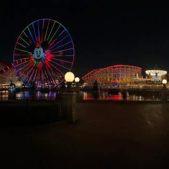 Nighttime view of Disney California Adventure with Ferris wheel and incredicoaster.